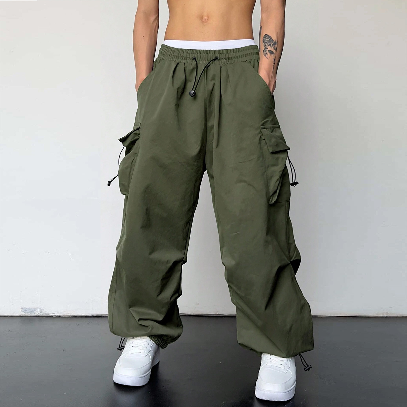 thumbnail image 3 of Pantalones cargo informales para hombre: color liso, cuatro bolsillos, cintura ajustable, material de imitación de sarga, ropa urbana para todas las estaciones, tallas US/UK/EU S-XXXL., 3 of 8